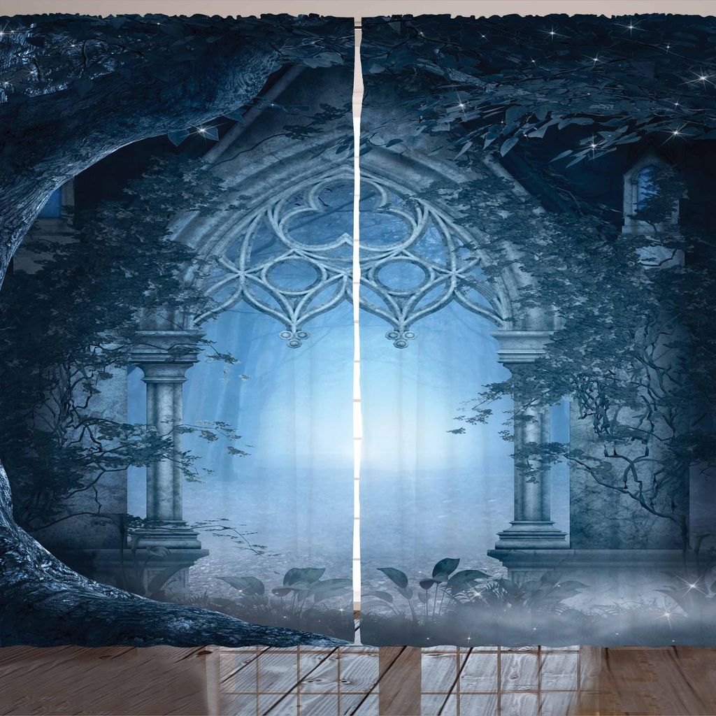 ARANDE Fantasie Gardine, Durchgangs Eingang Durch Verzauberten Nebeligen Magischen Palast Druck, 280 x 225 cm, Marineblau Grau