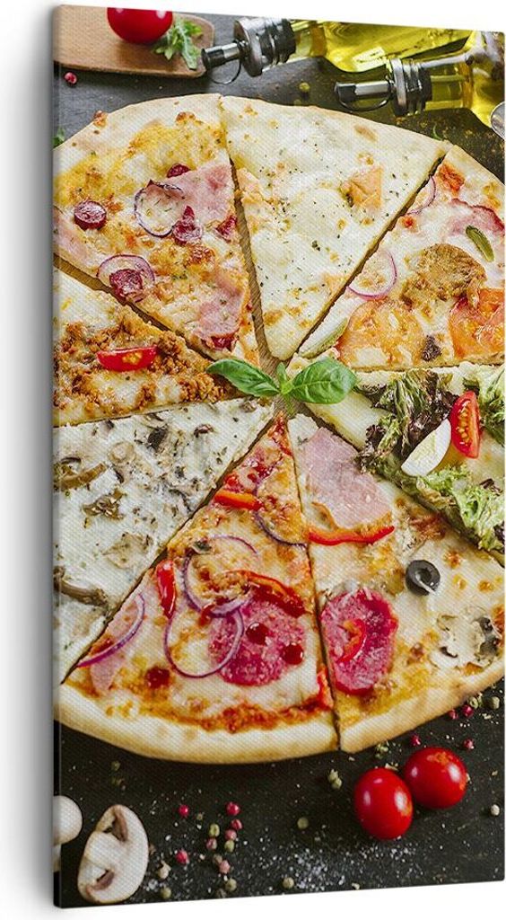 Bild auf Leinwand - Leinwandbild - Pizza Käse Tomaten - 45x80cm - Wand Bild - Wanddeko - Wandbilder - Leinwanddruck - Bilder - Kunstdruck - Wandde...
