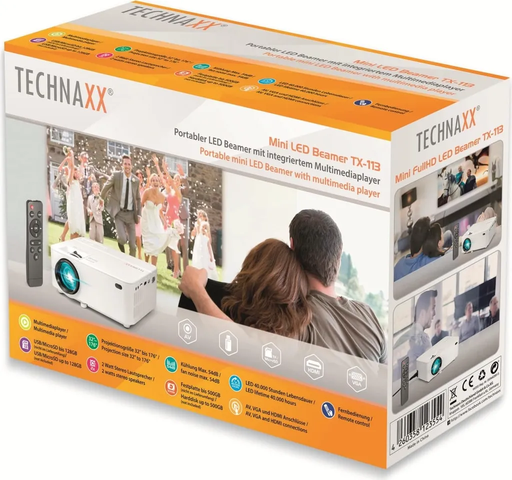 Mini Projecteur LED 40000 Heures HD Technaxx TX-113 - Image jusqu'à 176'' - 12
