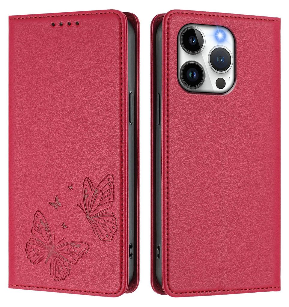 Lederhülle für iPhone 13 Pro, Schmetterling Prägung Leder Brieftasche Schutzhülle mit Ständer Rot