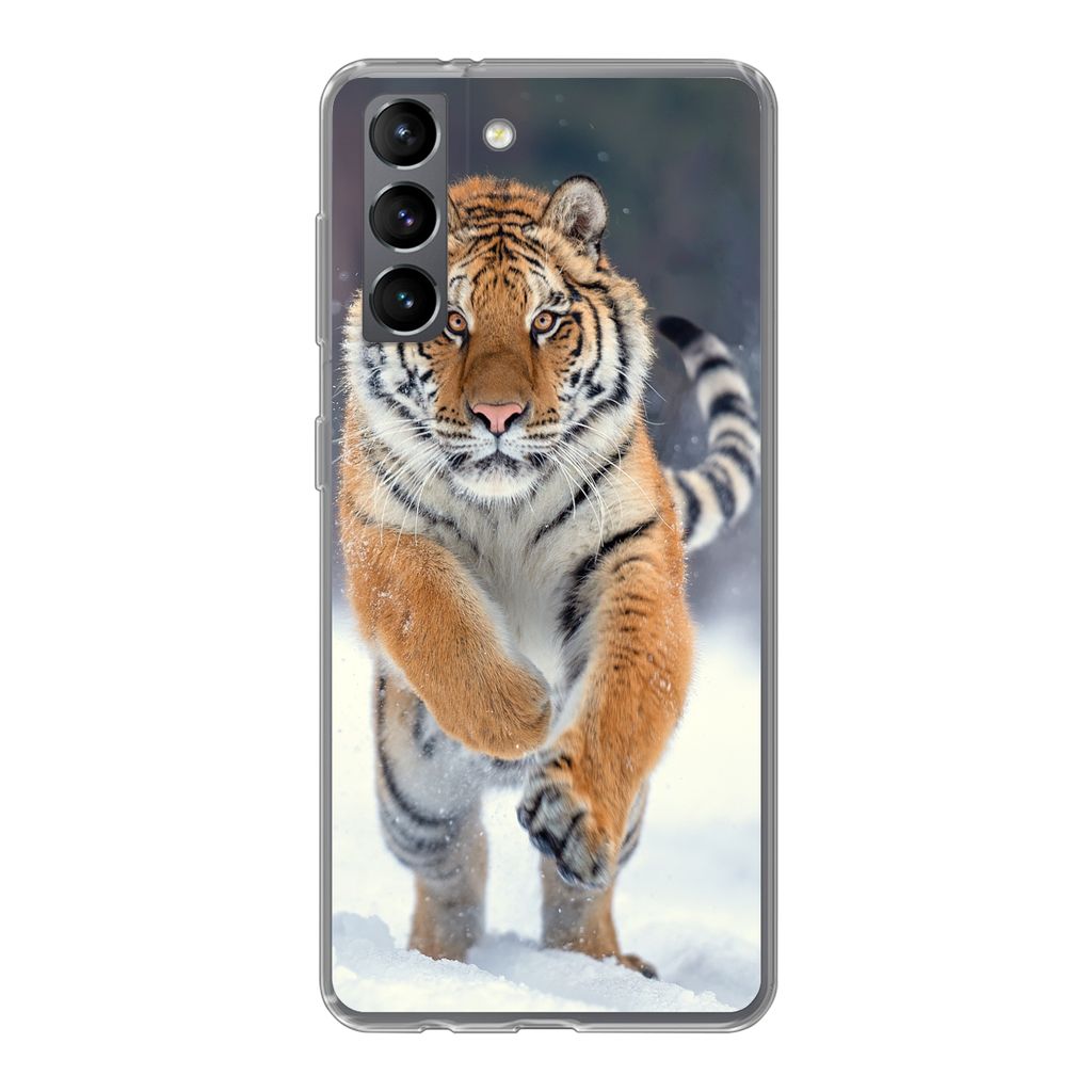 MuchoWow Handyhülle Schutzhülle Hülle für Samsung Galaxy S21 Tiger - Landschaft - Schnee - Tiere Silikon Softcase Handy Hülle - Softcase