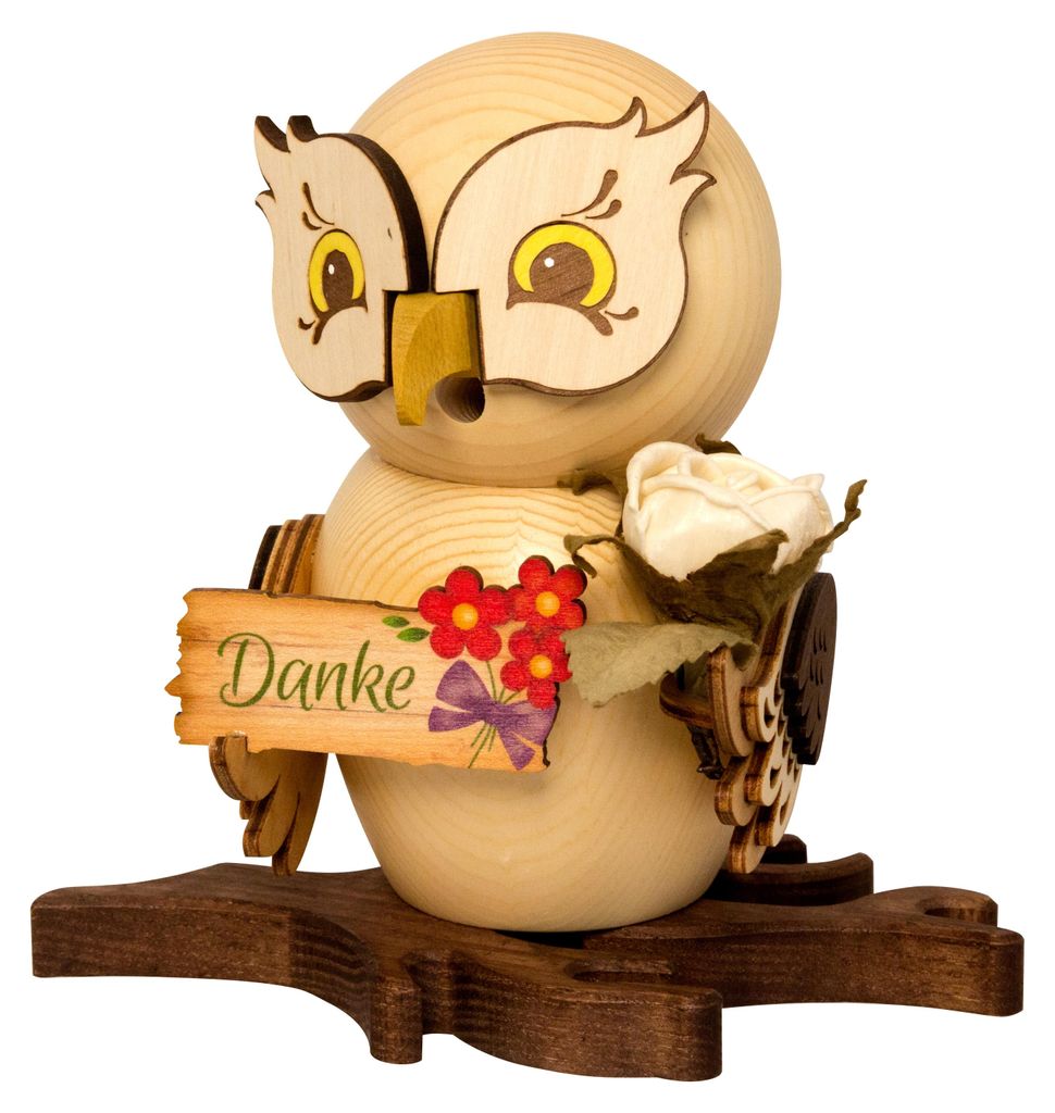 Drechslerei Kuhnert - Räucherfigur Eule mit Danke Schild - Produktbild 