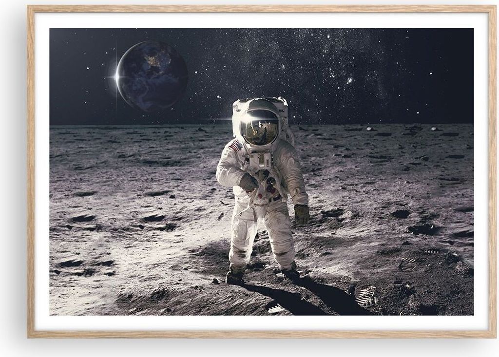 Gerahmtes Poster - Rahmen in heller Eiche - Mond Erde Astronaut - 100x70 cm - Wand Bild - Wanddeko - Wandbilder - Kunstposter - Wandposter - Bilder...