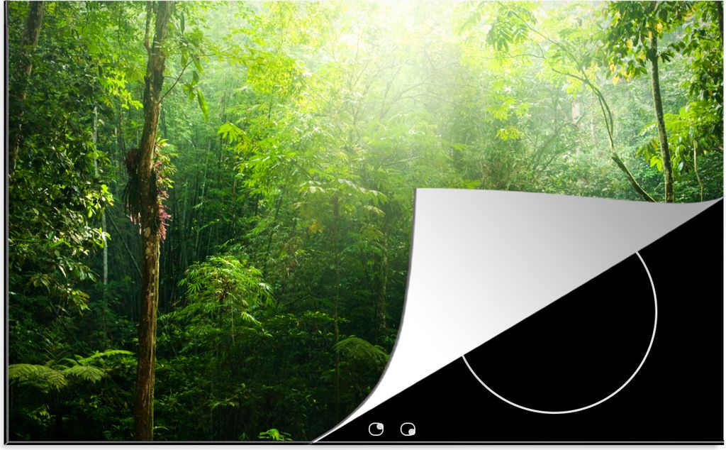 KitchenYeah Herdabdeckplatte Dschungel - Sonnenlicht - Grün - Mädchen - Kinder - Jungen , 90x52cm, Küche Deko, Glaskeramikfeld Herdabdeckung, ...