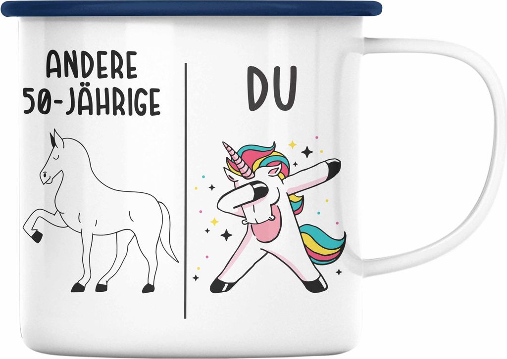 Trendation - 50. Geburtstag Frauen Emaille Tasse Einhorn Geschenk Geschenkidee 50er Geburtstag Mutter Mama (Blau)