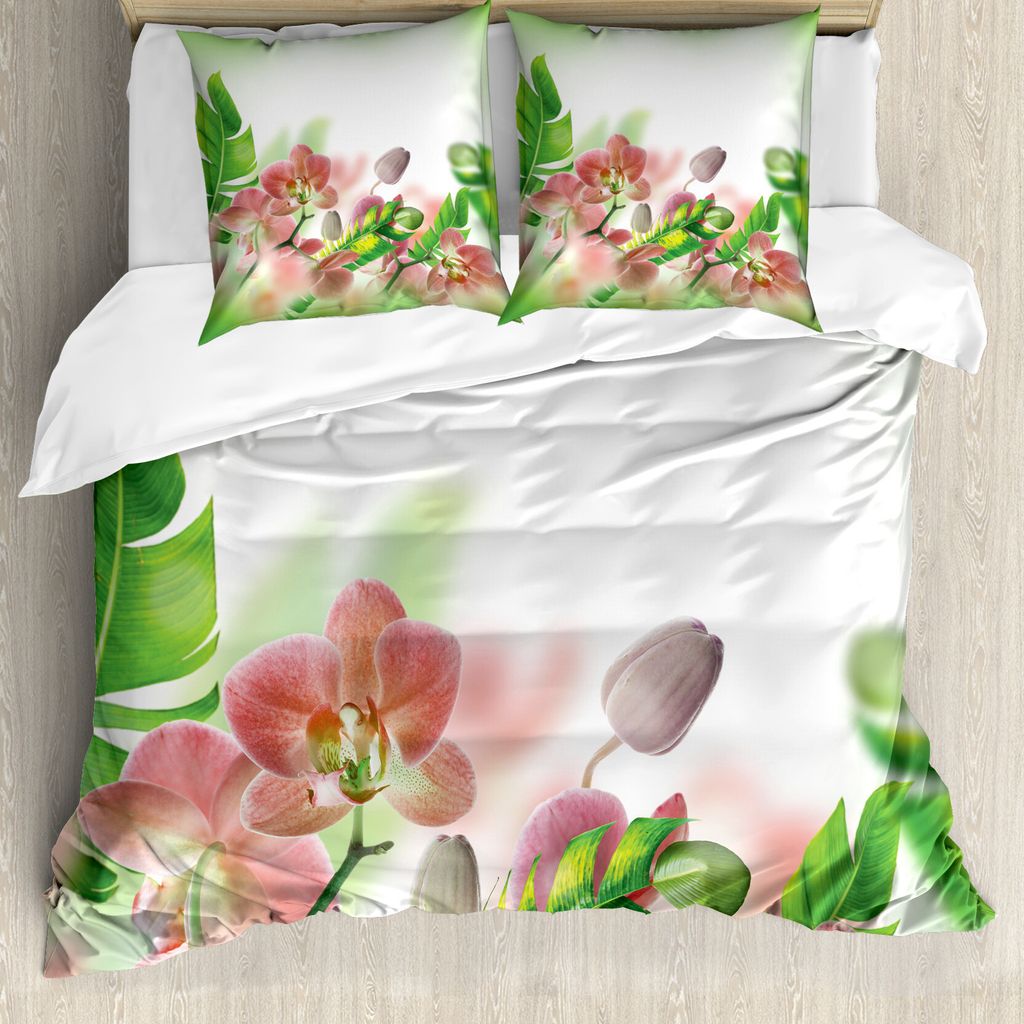 ABAKUHAUS Tropisch Bettbezug, Orchideen-Blüten-Blätter, Milbensicher Allergiker geeignet mit Kissenbezügen, 200 cm x 200 cm - 80 x 80 cm, Peach ...