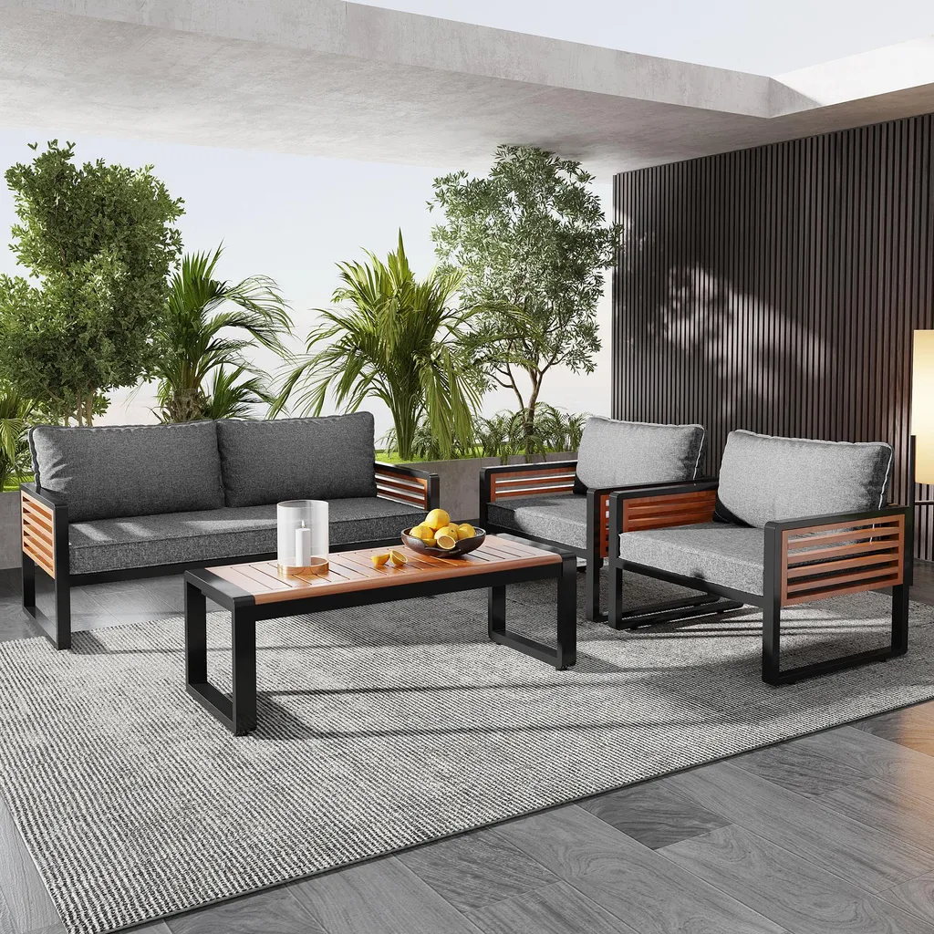 Mobilier de Jardin Gris en Métal et Acacia avec 4 Assises Design