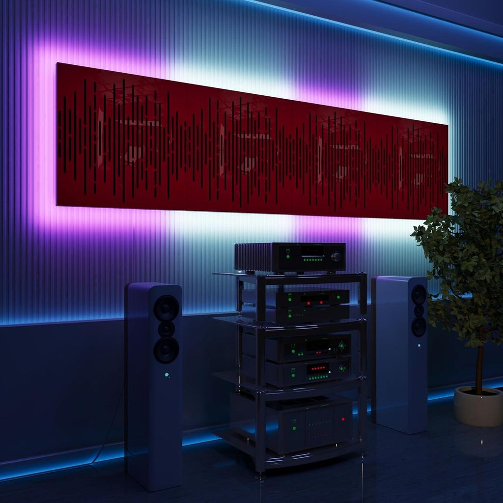 4er-Pack-LED Akustikwandpaneele mit RGB Glow für Echo Control|Schallabsorbierende Paneele mit Backlight|4x WAVE -Grouped|Roter Kunststoff