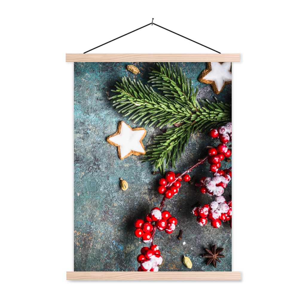 MuchoWow Textilposter Weihnachten - Rustikal - Zweige - Sternanis - Beeren - Rot 40x53 cm mit holzfarbenen Rahmen - Schlafzimmer