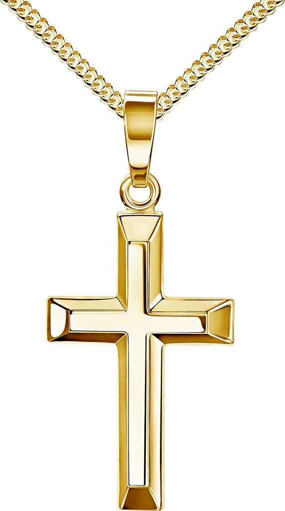 Anhänger-Kreuz Goldkreuz für Damen,mit abgeflachten Kanten als Kettenanhänger 333 Gold 8K. Mit Kette 925 Silber vergoldet - Länge 40 cm