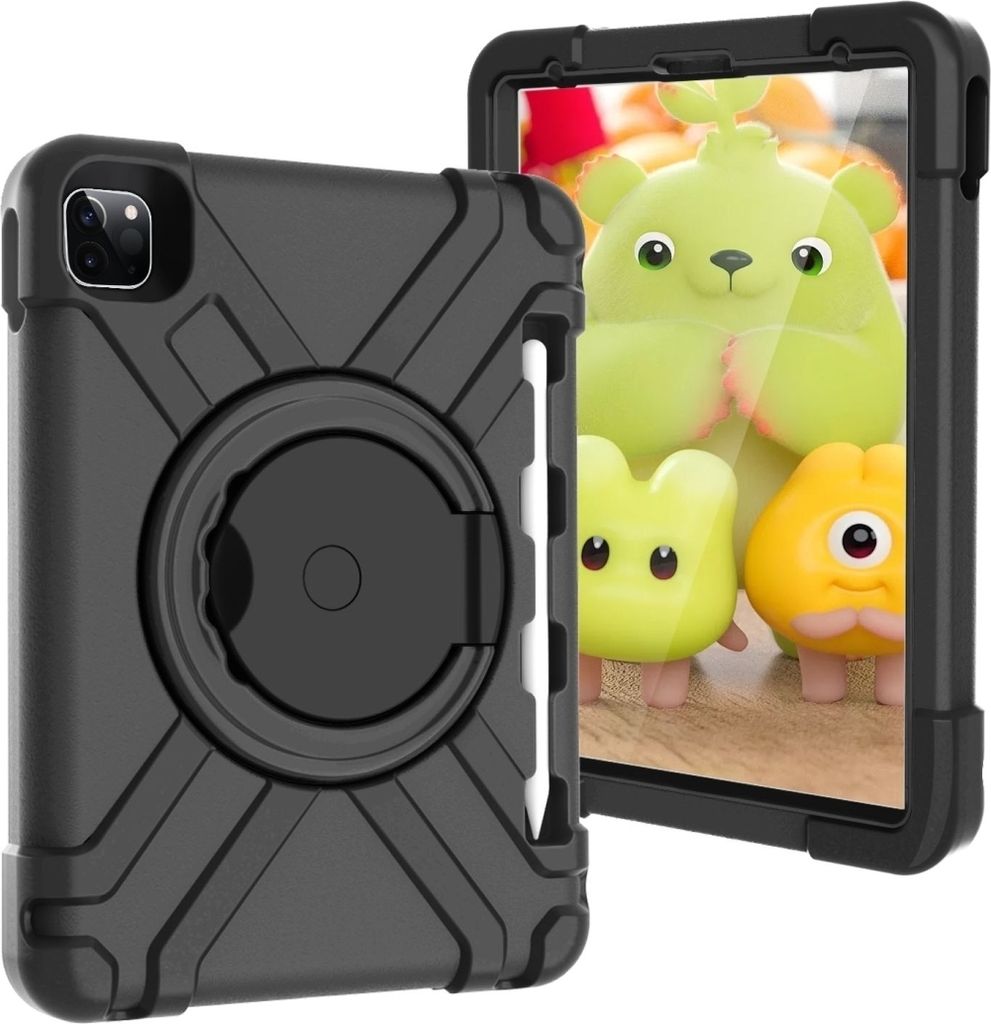 Mobigear RingGuard iPad Pro 11 Zoll (2022) Tablet Hülle für Kinder mit Tragegriff + Stifthalter - Schwarz