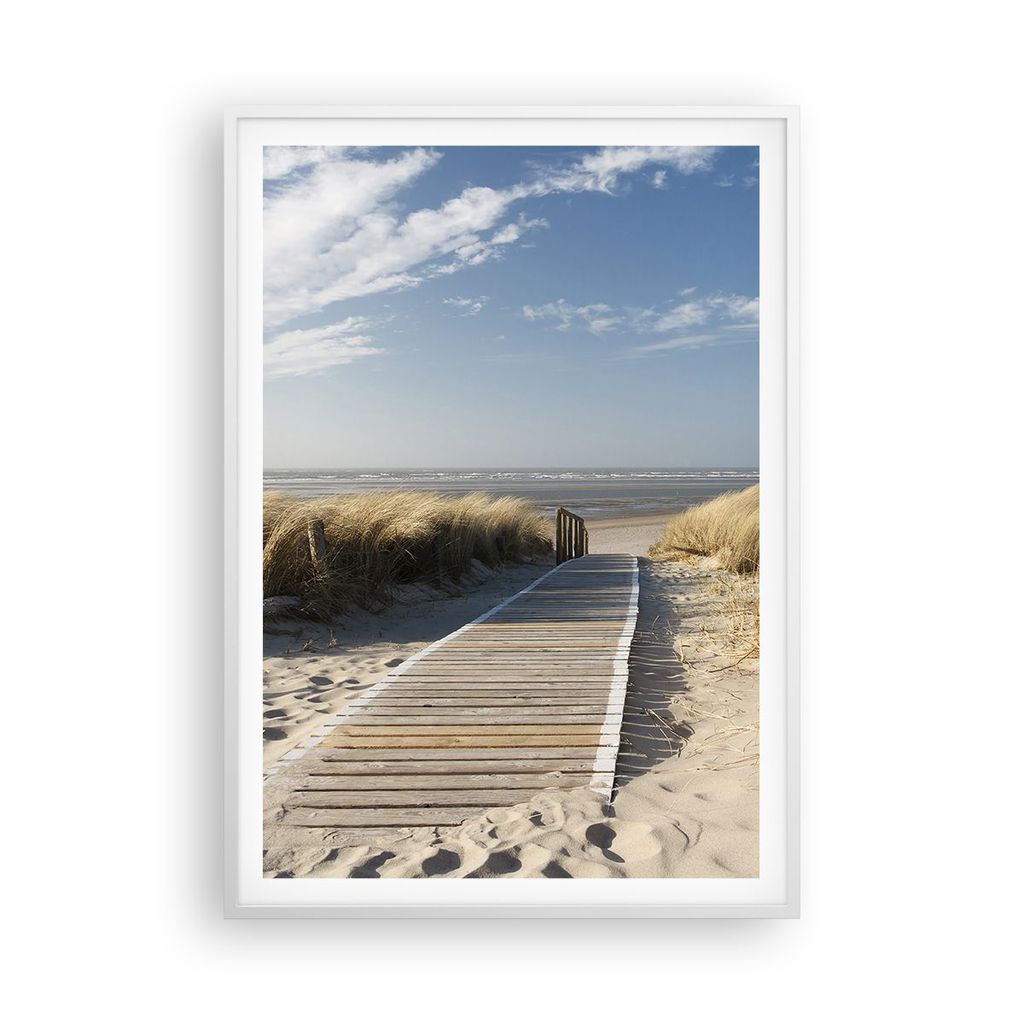 Gerahmtes Poster - Weißer Rahmen - Strand Meer Fußgängerbrücke Ufer - 70x100 cm - Wand Bild - Wanddeko - Wandbilder - Wandposter - Bilderrahmen...