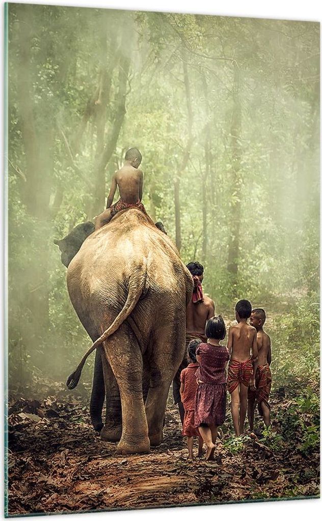 Bilder auf glas - Einteilig - Elefant Dschungel Nebel - 70x100cm - Glasbilder - Wandbilder - Bilder - zum Aufhängen bereit - Wanddekoration aus Gl...