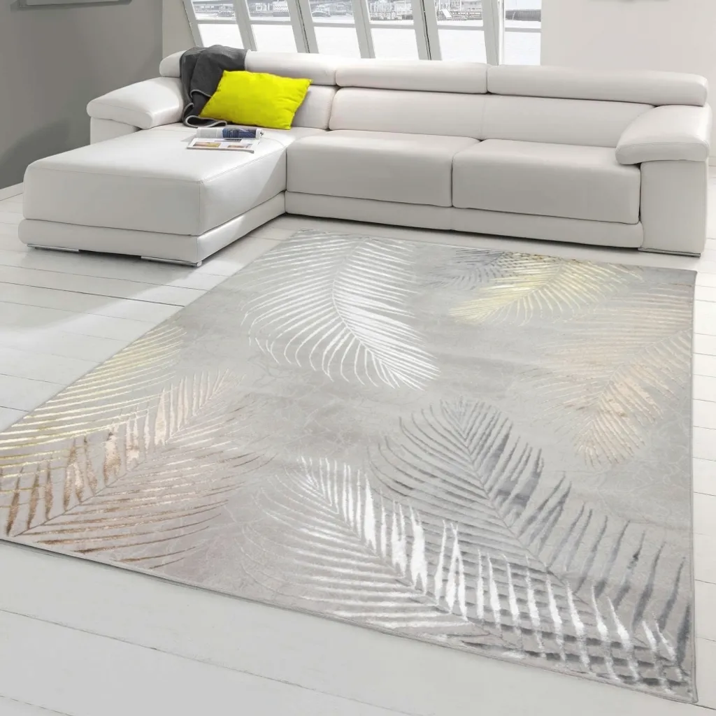 Tapis gris anti-tache 140x200 cm motif palmier, robuste et facile à laver