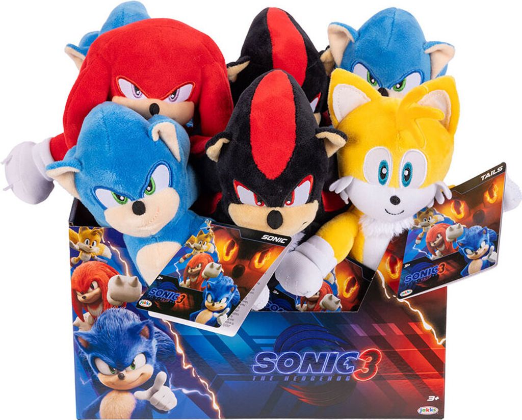A collection of Sonic the Hedgehog plush toys in a display box.