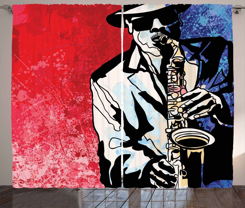 ABAKUHAUS Jazz Rustikaler Vorhang, Musiker spielen Saxophon, Wohnzimmer Universalband Gardinen mit Schlaufen und Haken, 280 x 175 cm, Vermilion Mar...