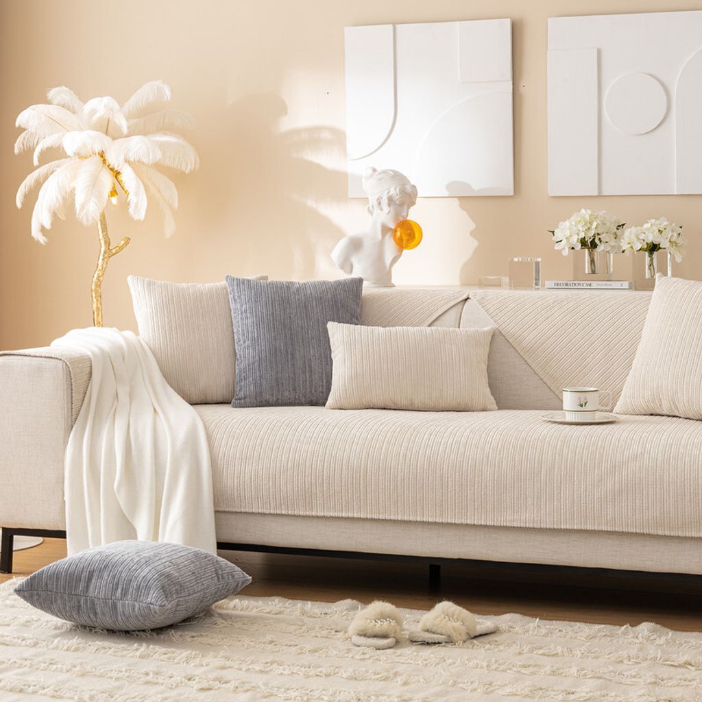 (Beige, 70 * 150 cm) Weicher Chenille-Sofa-Couchbezug, einfarbig, gestreiftes Gewebe, strukturierte Schnittsofabezüge, waschbarer, rutschfester So...
