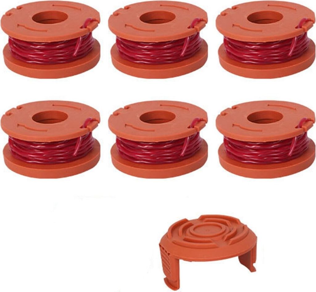 A set of six spools of red trimmer line and one trimmer head, all orange, are arranged on a white background.