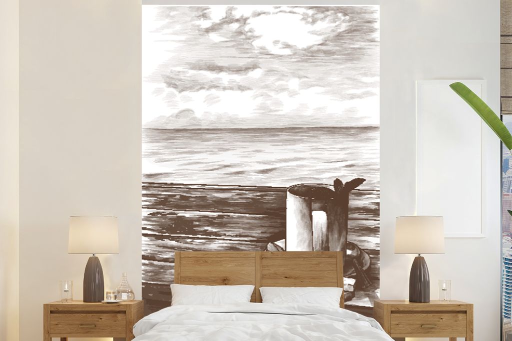 MuchoWow Fototapete für Wohnzimmer oder Schlafzimmer Wandtapete Vinyl Motivtapete Becher - Tee - Meer - 225x350 cm - Schlafzimmer tapete