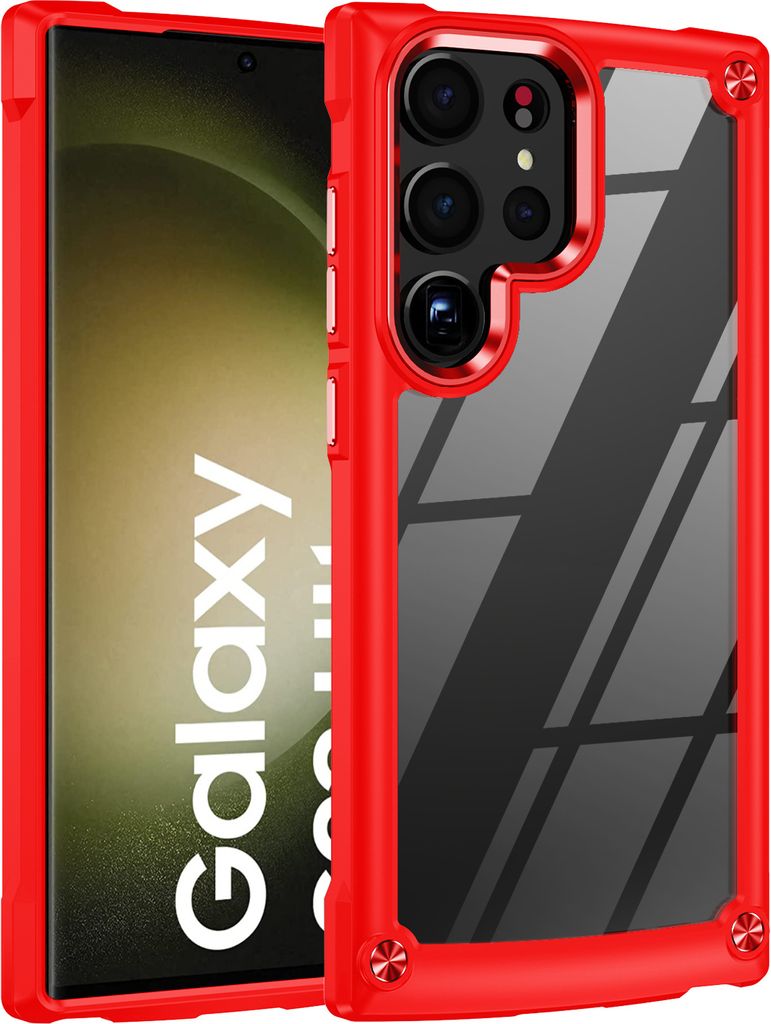 Samsung S23 Ultra Hülle, Hybrid Transparente PC Robust TPU Bumper Stoßfest Schutzhülle für Samsung Galaxy S23 Ultra Rot