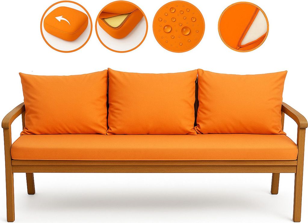 An orange cushion set for a sofa on a white background, with close-up insets showing features.