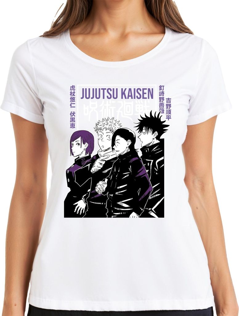 Jujutsu Kaisen Manga Anime Ästhetik Charaktere Schwarz Lila Retro Damen T-Shirt, Weiß, L