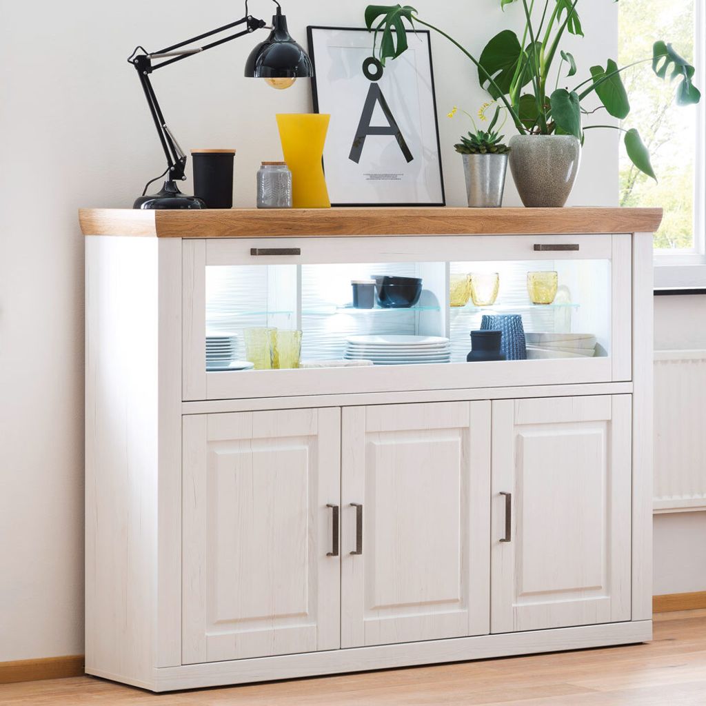 Highboard Wohn- und Esszimmer BRASILIA-05 in Pinie Aurelio & Grandson Oak Nb., inkl. LED - B/H/T: 163/123/40cm