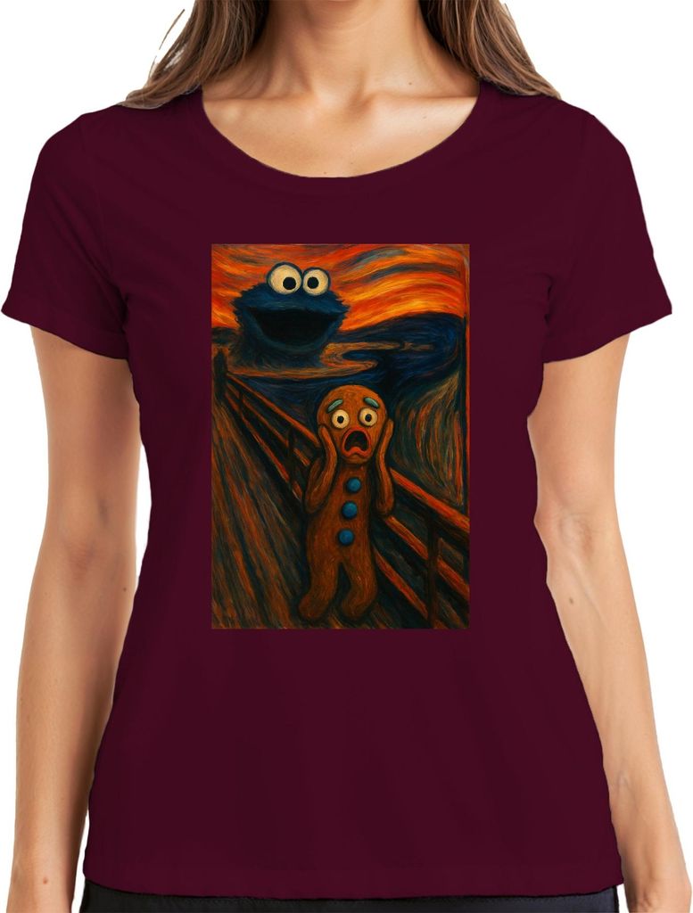 Lebkuchenmann Schrei Keksmonster Abendrot Grusel Karneval Fasching Damen T-Shirt, Burgundy, L