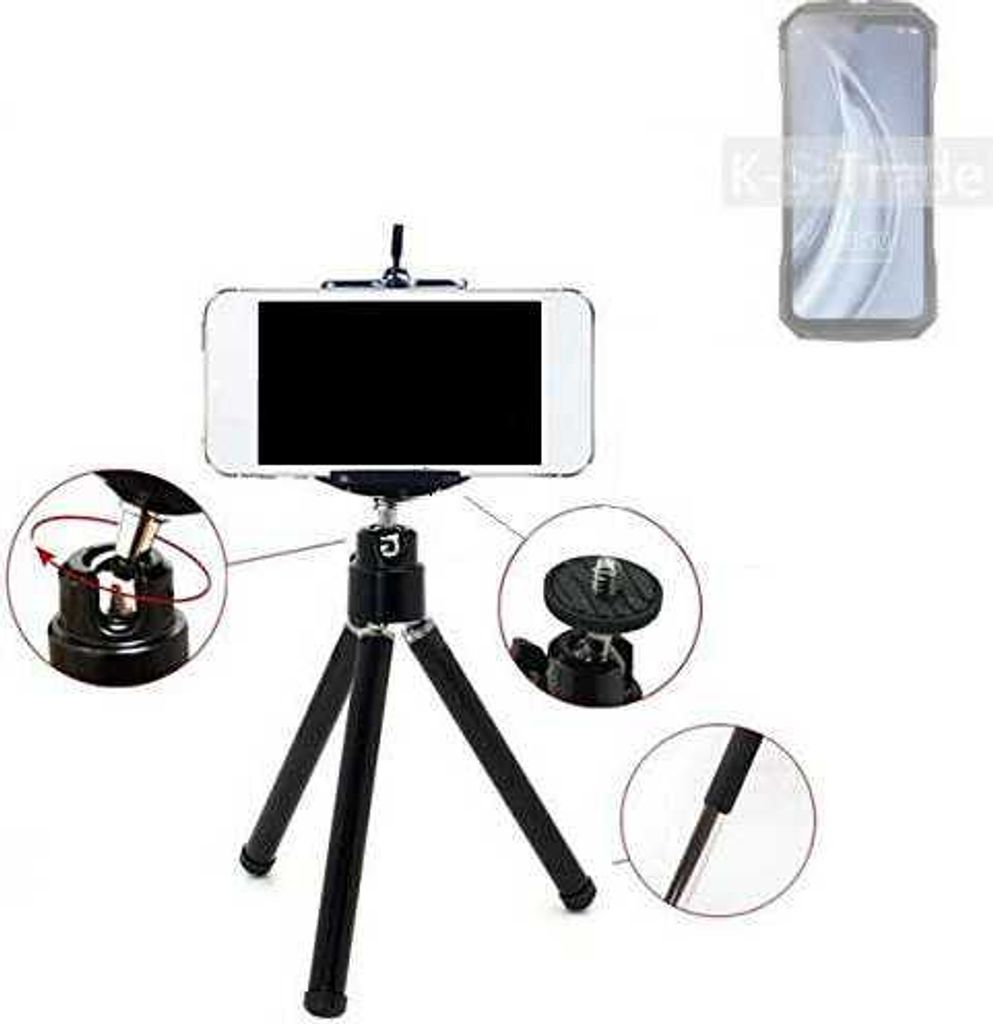 K-S-Trade Smartphone Stativ Dreibein kompatibel mit Doogee V30 Tripod aus Aluminium Klemmstativ Stativ Adapter für Mobiltelefone schwarz 1x