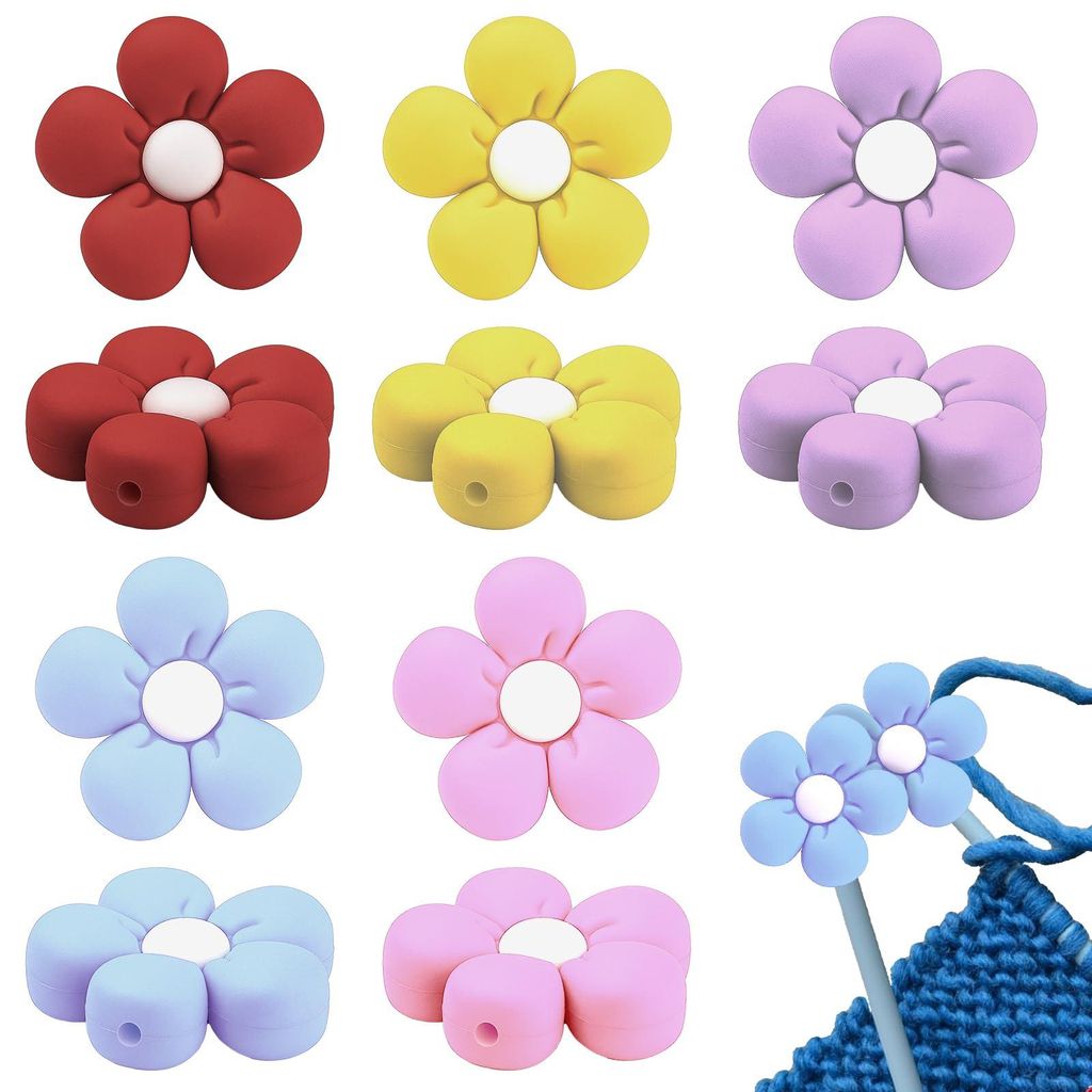 10 Stück niedliche, blumenförmige Stricknadelstopper, farbenfrohe Silikon-Stricknadelspitzenschützer mit Blumenmuster, Maschenstopper für Stric...