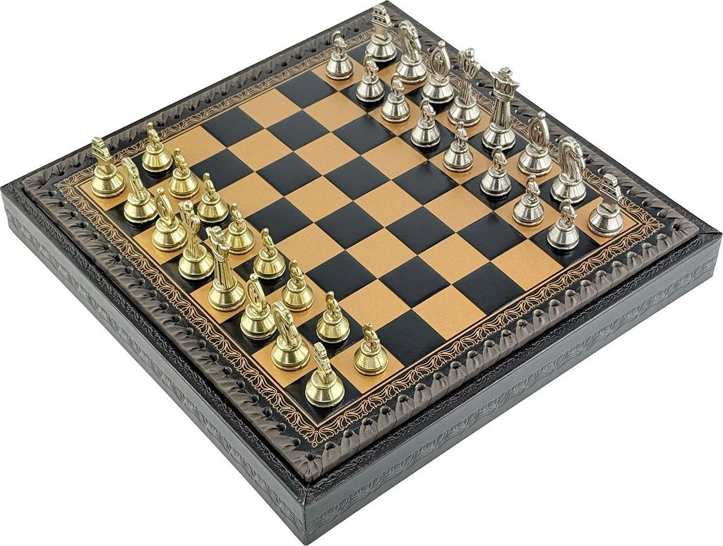 Römisches schachfiguren-set+Italienisches schachbrett kunstleder gold/schwarz 28