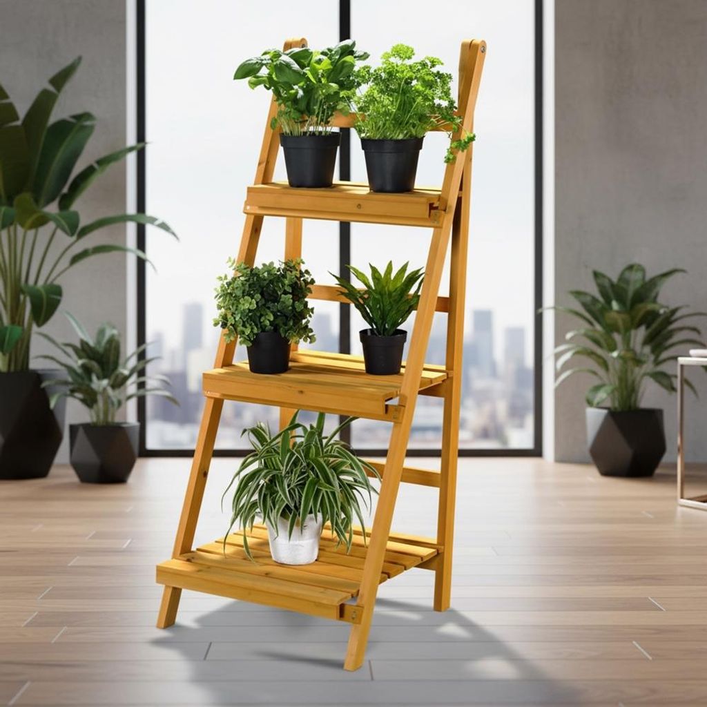 A wooden plant stand with several potted plants on it, placed indoors near a large window with a city view.