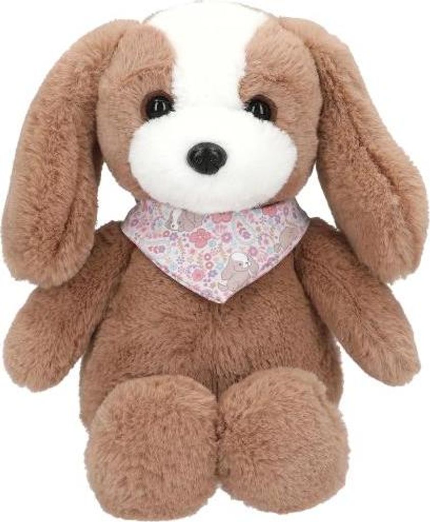 Depesche 13172 Princess Mimi - Kuscheltier Hund Milo in Braun-Weiß, mit Langen Schlappohren, ca. 25 cm großes Plüschtier mit geblümtem Halstuch