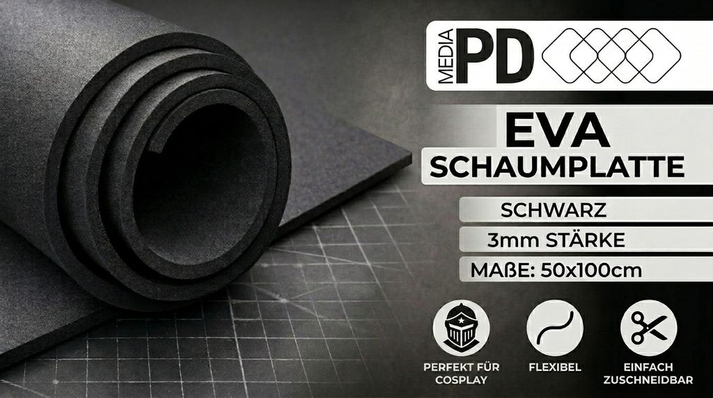 PD Media EVA Schaumstoff Schwarz 3mm – 50x100 cm, 10 Stück (Großpackung), High Density Moosgummi für Cosplay & Basteln