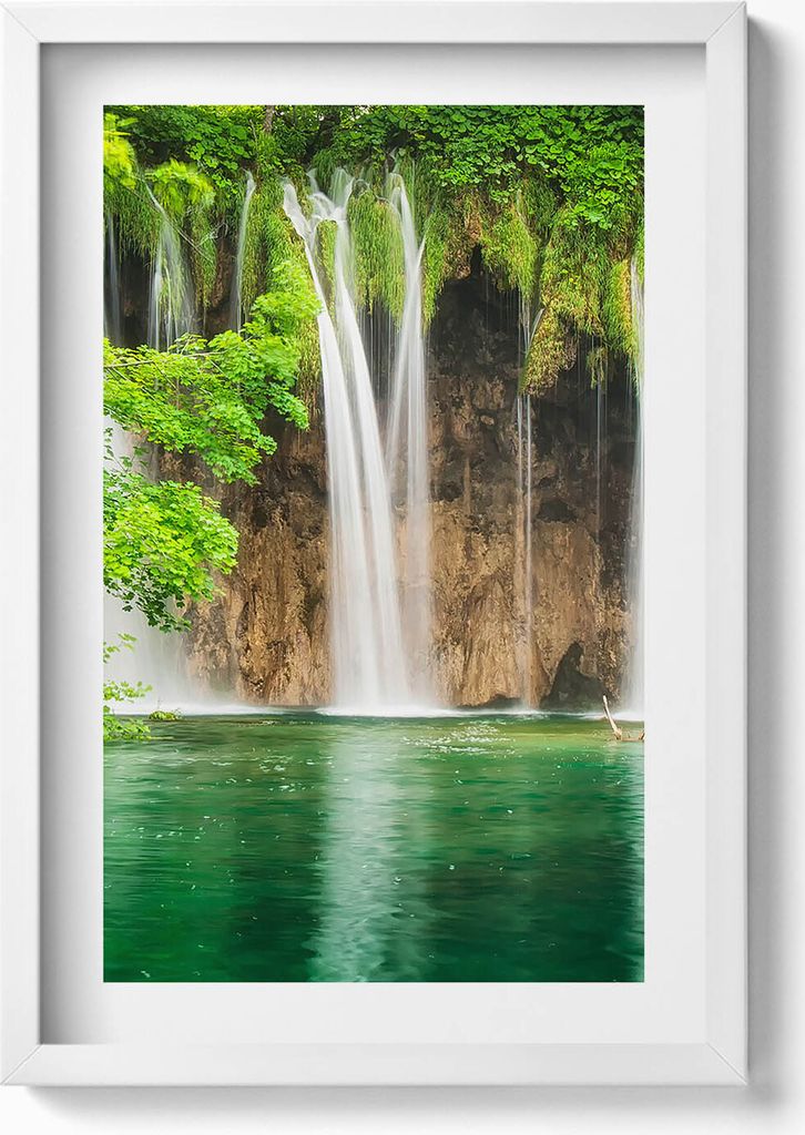 Natur - See, Wasserfall und Vegetation– Wandbild mit Rahmen – Gerahmtes Bild – Wanddekoration – 40x60 cm – Weiß