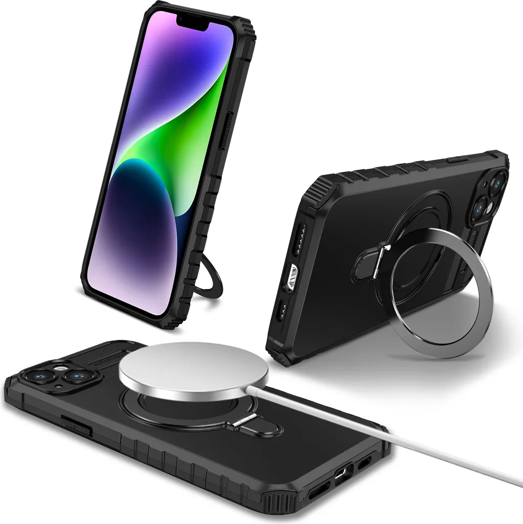 Custodia per iPhone 14 magnetica con MagSafe, supporto per anello, supporto, custodia protettiva a doppio strato nera