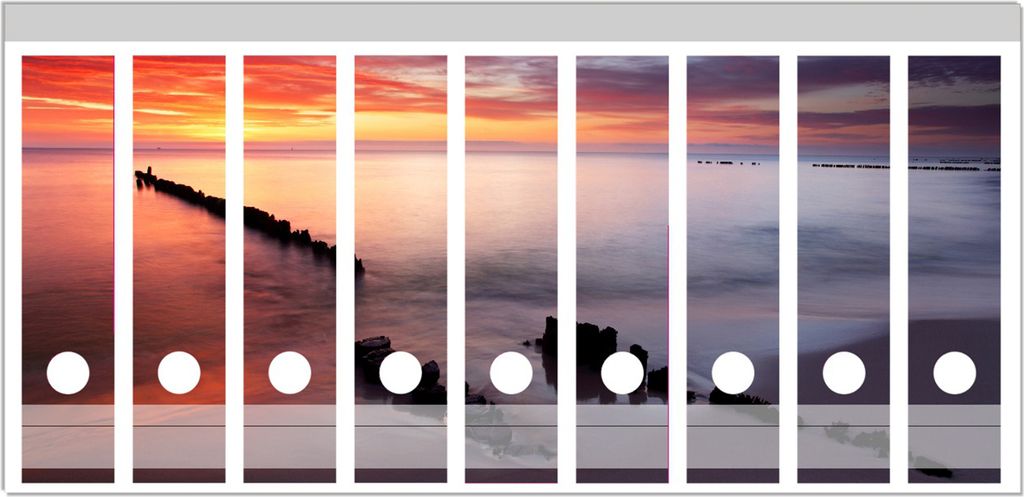 Wallario Ordnerrücken Sticker, selbstklebend für breite Ordner, 9 Stück, Motiv Sandstrand im Sonnenuntergang - Roter Himmel