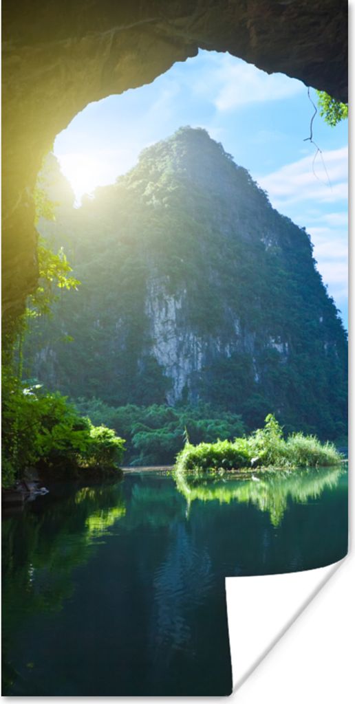 MuchoWow Poster Wasser - Höhle - Sonne - Natur - Pflanzen 40x80 cm - Dekoration