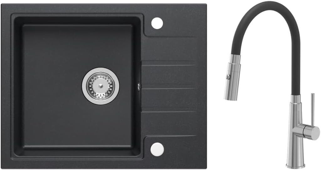 VBChome Spülbecken Granit Schwarz 62 x 50 cm Schwarze flexible Armatur Granitspülbecken Einzelbecken Einbauspüle Gesprenkelt Siphon