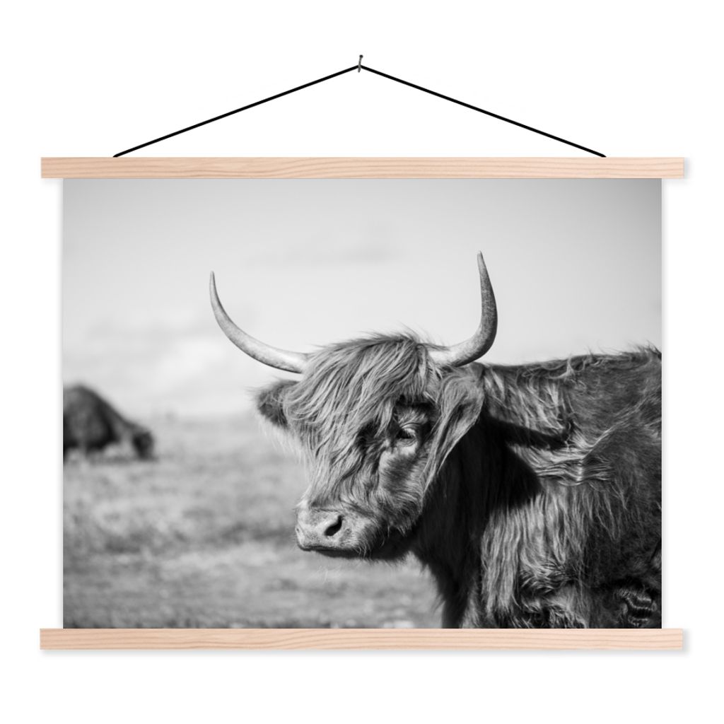 MuchoWow Textilposter Schottischer Highlander - Tiere - Schwarz - Weiß 120x90 cm mit holzfarbenen Rahmen - Magnetisch