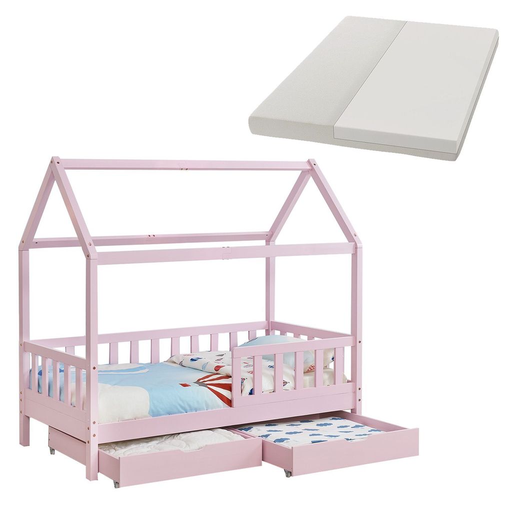 Juskys Kinderbett Marli 80 x 160 cm mit Matratze, Bettkasten, Lattenrost & Dach - Holz Rosa