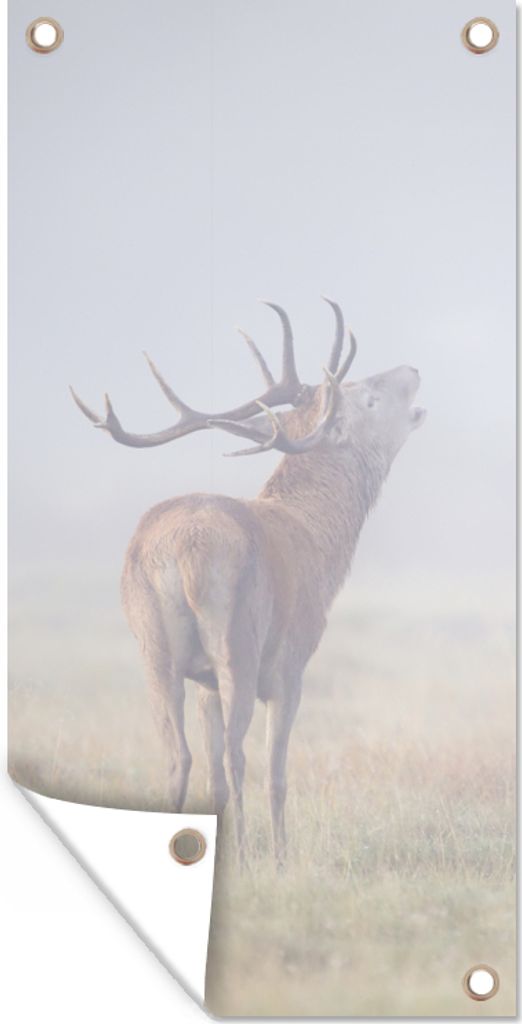 MuchoWow 40x80 cm Outdoor-Poster Gartendeko Sichtschutz Garten Poster für den Garten Hirsche - Gras - Nebel