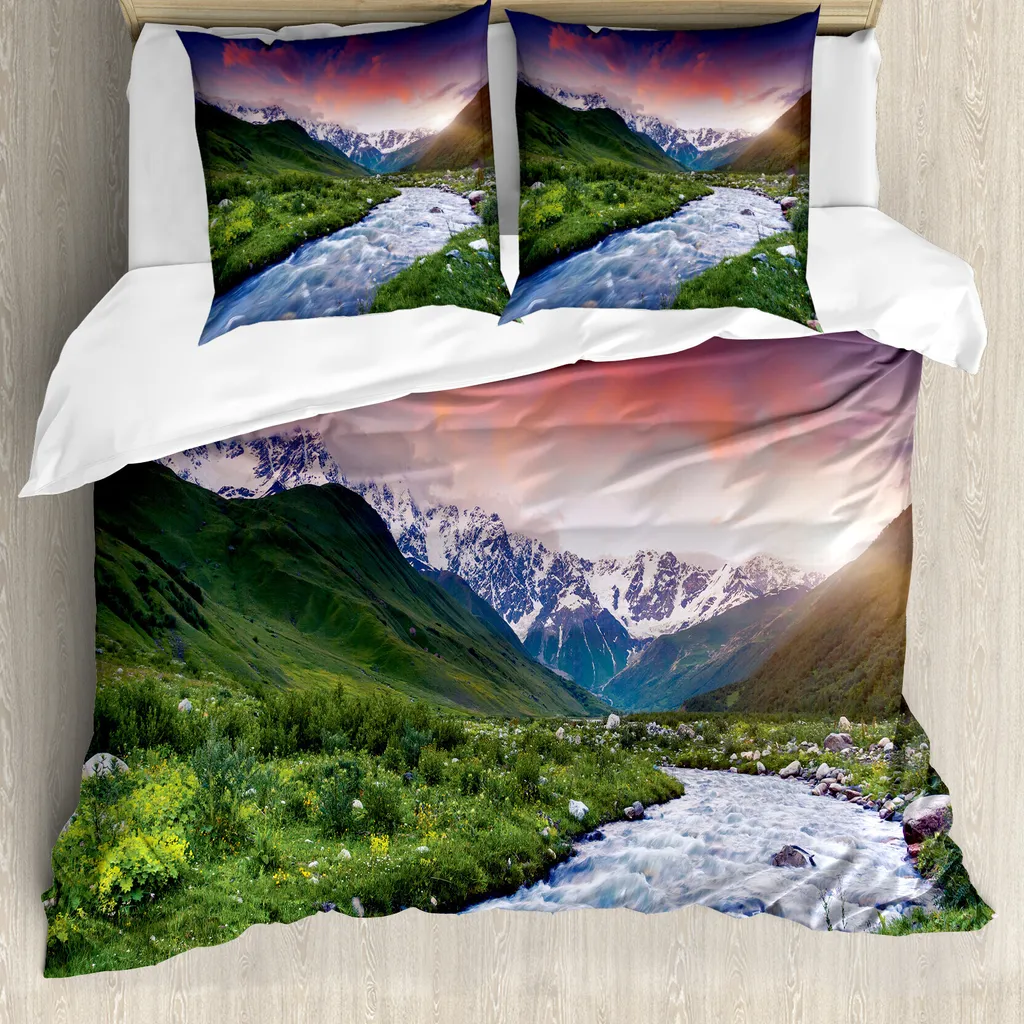 Housse de couette lit double Collines du Caucase Vert et Bleu Bébé