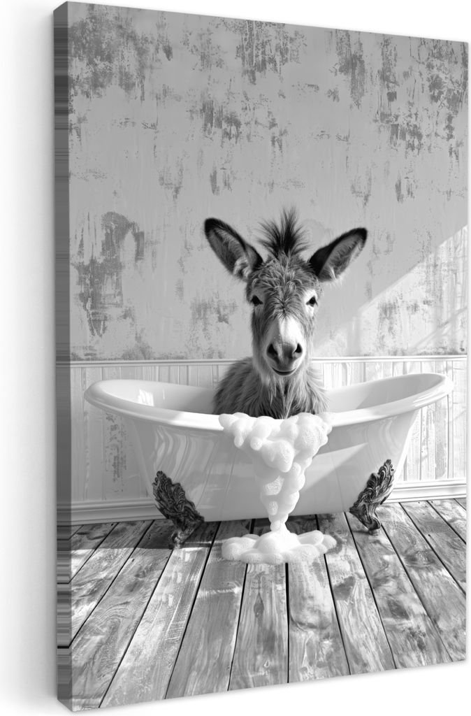 MuchoWow - Leinwandbilder - Esel - Tier - Vintage - Badewanne - Schwarz - Weiß, Wandbild, Wanddeko Bilder Wohnzimmer, 80x120 cm