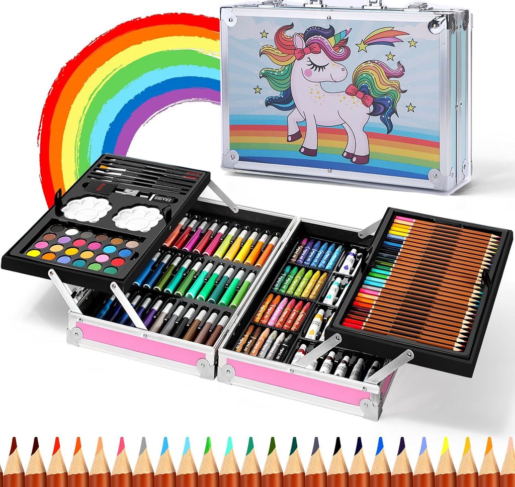Malkoffer für Kinder, 145 stk Malset Deluxe mit Aluminiumbox, Zeichenset mit Ölpastellkreiden, Buntstiften, Markern, Aquarellkuchen usw. Geschenk