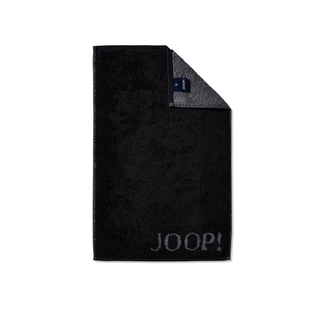 A black JOOP! guest towel folded and lying on a white background.