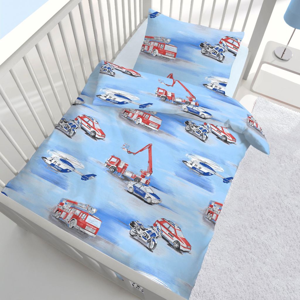 Kinderbettwäsche 100 x 135 Baumwolle Baby-Bett Kinder-Bett Autos Polizei blau