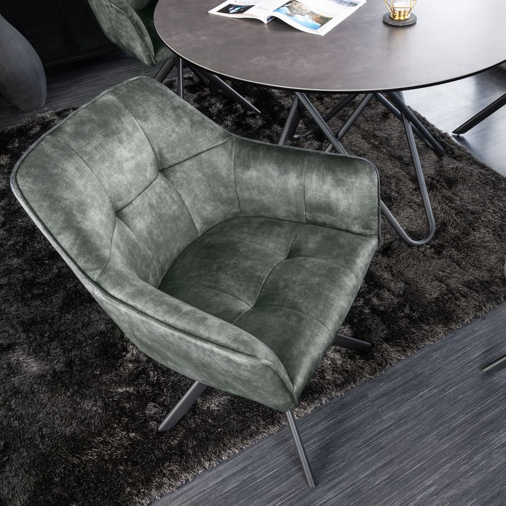Design Stuhl LOFT grün Samt drehbar Metallgestell schwarz mit Armlehne