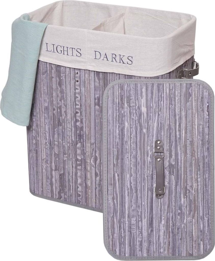 Wäschekorb MCW-C21, Laundry Wäschebox Wäschesammler Wäschebehälter, Bambus 2 Fächer 63x55x34cm 100l grau-blau