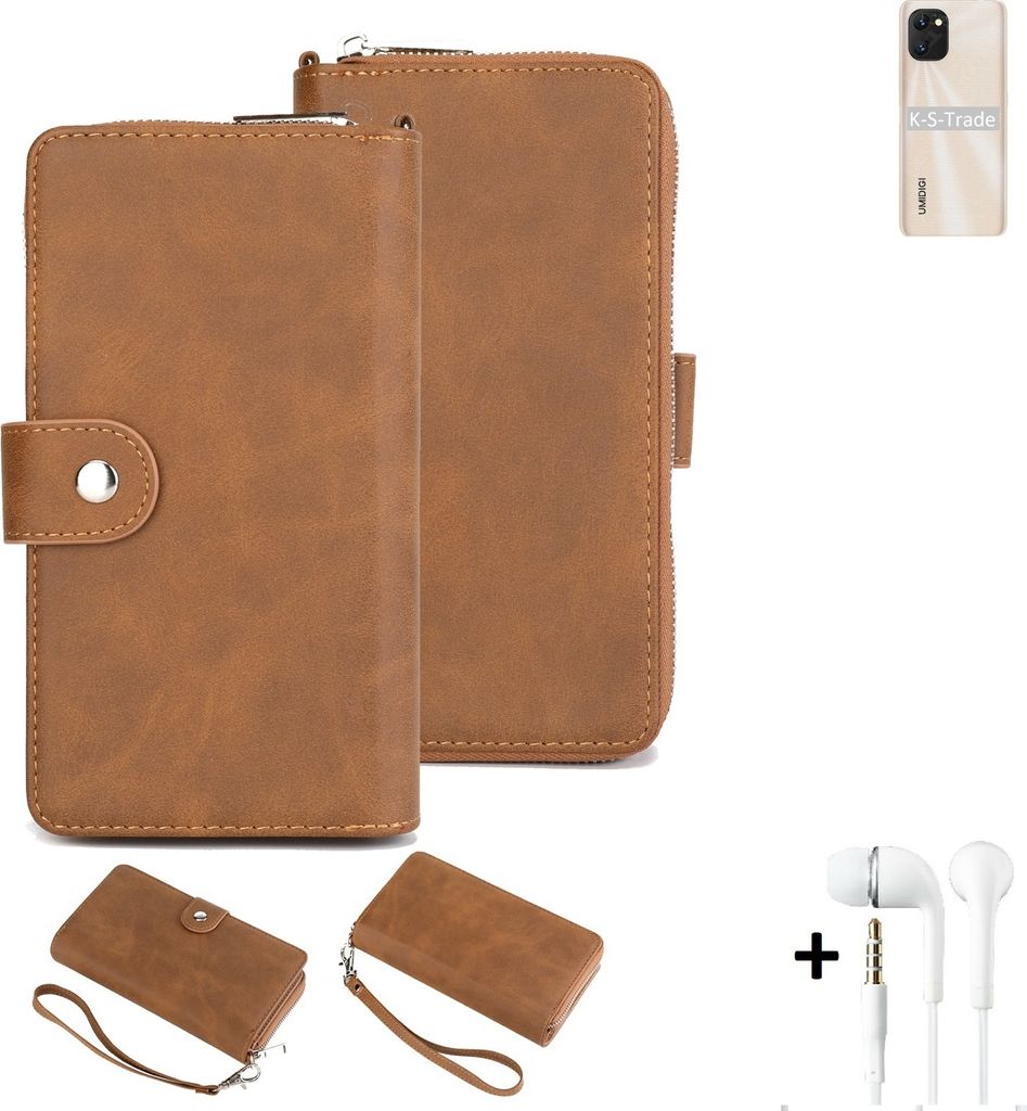 K-S-Trade Handy Schutz Hülle kompatibel mit UMIDIGI Power 7 + Kopfhörer Portemonnee Tasche Wallet-Case Bookstyle-Etui braun (1x)